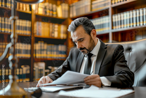 A male lawyer sitting in a law office reviewing legal documents
