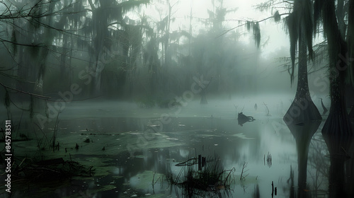 The heavy mist obscures the true nature of the swamp making it seem as though the ghostly shapes floating within it are the true rulers of this otherworldly place photo