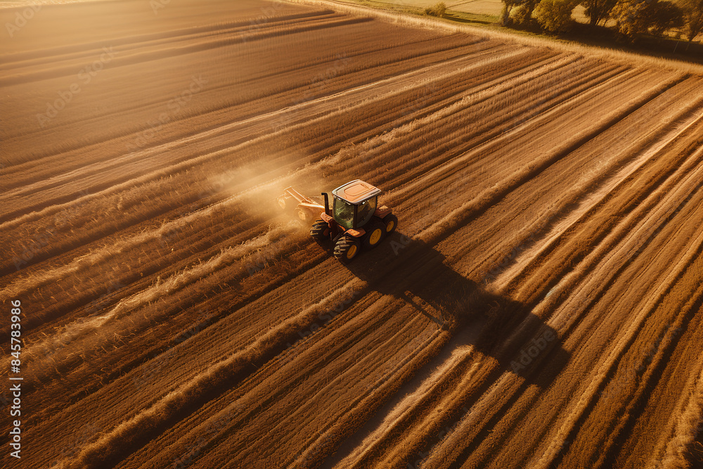 drone view on a tractor with rakes in a field in autumn sunshine