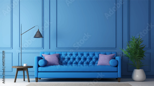 Sleek and Stylish Grey interior with stylish upholstered blue sofa and lamp against paneling wall. Minimalist loft home interior design of modern living room.
