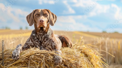 Dog On Farm. Hungarian Pointer Resting on Haystack in Czech Countryside photo