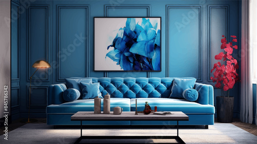 Sleek and Stylish Grey interior with stylish upholstered blue sofa and lamp against paneling wall. Minimalist loft home interior design of modern living room.