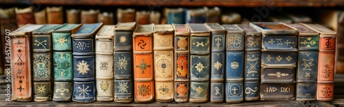 Row of ancient leather bound grimoires with esoteric symbols, standing upright on a wooden bookshelf. The books are worn with age, suggesting a long and mysterious history photo