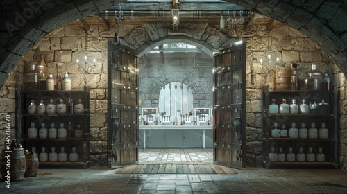 Medieval castle exterior conceals high tech sci fi laboratory with advanced equipment photo