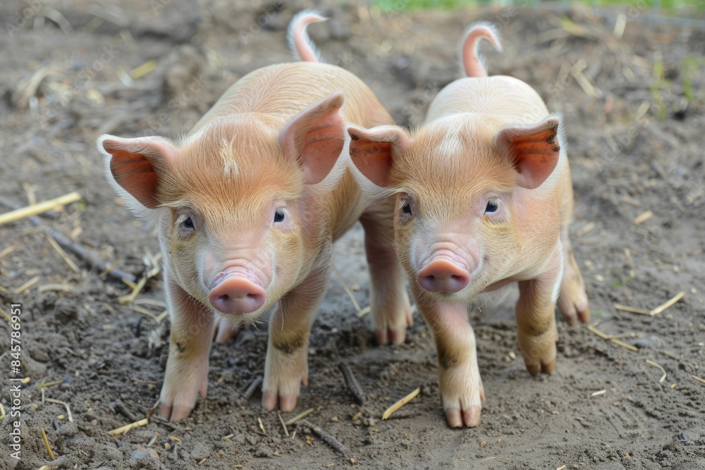 Pig Tails. Three Little Piglets with Curly Tails on Farm Pig Tails. Three Little Piglets with Curly Tails on Farm