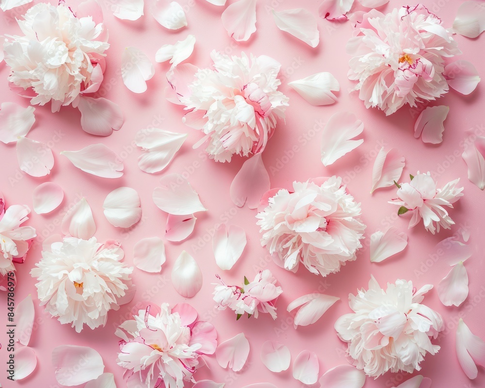Pink Floral Flat Lay. Pastel Abstract Art with White Peony Flowers and Petals Pink Floral Flat Lay. Pastel Abstract Art with White Peony Flowers and Petals