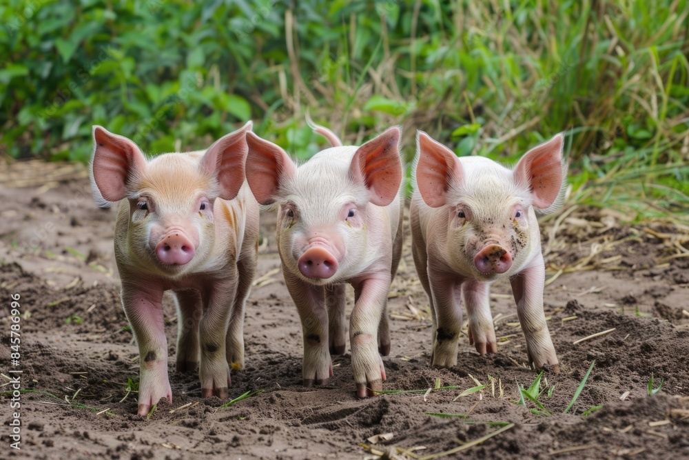 Pig Tails: Trio of Curly-Tailed Baby Pigs on a Farm Pig Tails: Trio of Curly-Tailed Baby Pigs on a Farm