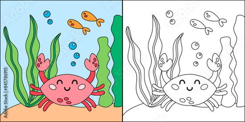 Cute cartoon crab character. Undersea, marine life illustration. Sea animals coloring pages isolated on white background.