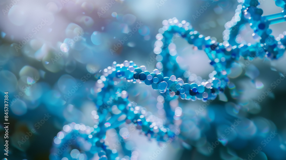 A blue and purple DNA strand with many small dots