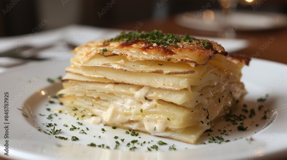 Layered thinly sliced potatoes with bechamel sauce and cheese baked to perfection Layered thinly sliced potatoes with bechamel sauce and cheese baked to perfection