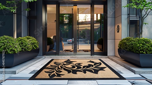 A decorative coir mat featuring a floral motif positioned in front of a contemporary apartment entrance