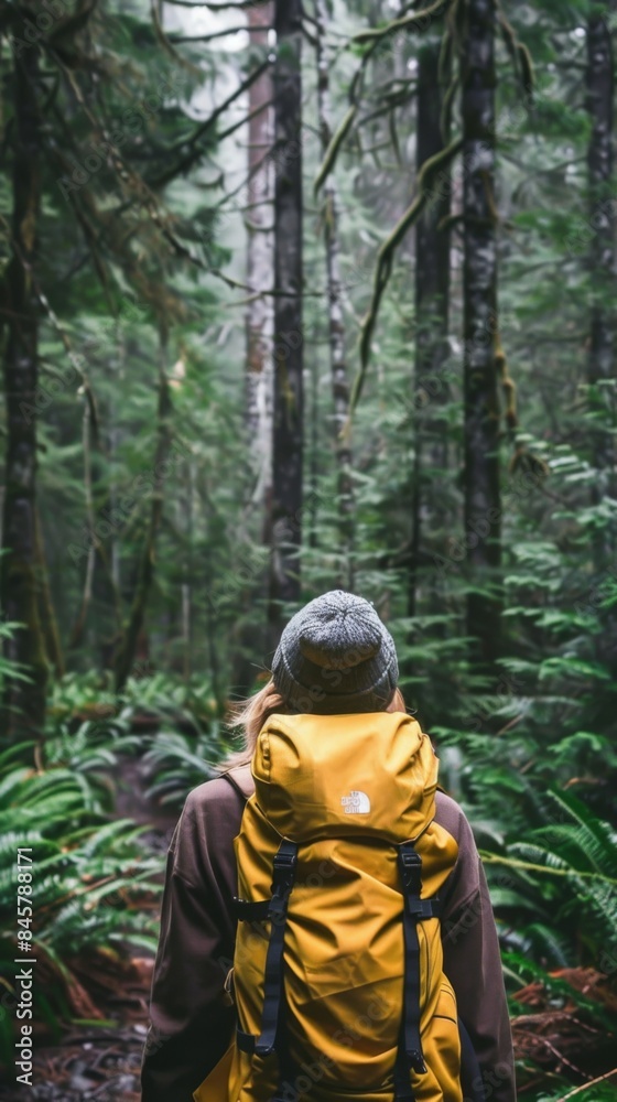 Backpacker in a forest with ferns and trees, hiking travel background 