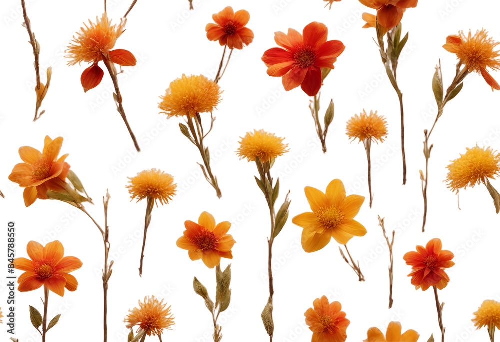 Set of twig yellow orange red flowers isolated on transparent background cutout Set of twig yellow orange red flowers isolated on transparent background cutout