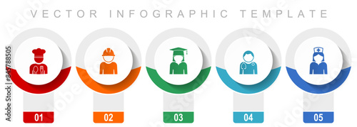 Human resources icon set, miscellaneous vector icons such as chef, worker, student, doctor and nurse, modern design infographic template, web buttons in 5 color options