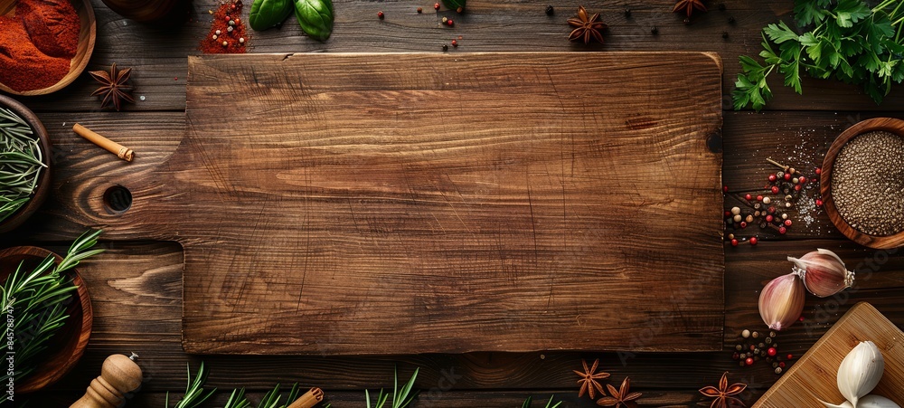 © Лаra Wladdim - Cooking background with cutting board, spices, herbs and vegetables on a wooden kitchen table. Top view with copy space © Лаra Wladdim - Cooking background with cutting board, spices, herbs and vegetables on a wooden kitchen table. Top view with copy space