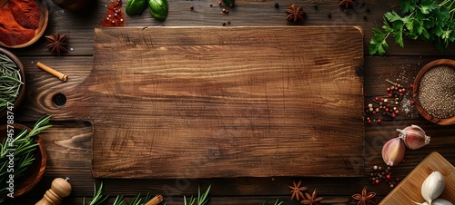 Cooking background with cutting board, spices, herbs and vegetables on a wooden kitchen table. Top view with copy space