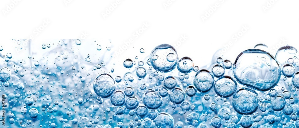 Water and air bubbles float gracefully over a pristine white background, creating a fresh, clean look Water and air bubbles float gracefully over a pristine white background, creating a fresh, clean look
