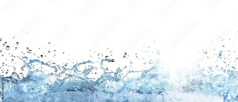 Water and air bubbles float gracefully over a pristine white background, creating a fresh, clean look Water and air bubbles float gracefully over a pristine white background, creating a fresh, clean look