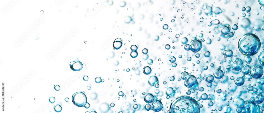 Water and air bubbles float gracefully over a pristine white background, creating a fresh, clean look Water and air bubbles float gracefully over a pristine white background, creating a fresh, clean look