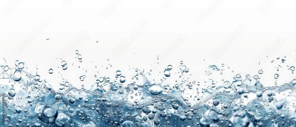 Water and air bubbles float gracefully over a pristine white background, creating a fresh, clean look Water and air bubbles float gracefully over a pristine white background, creating a fresh, clean look