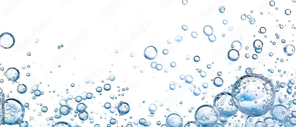 Water and air bubbles float gracefully over a pristine white background, creating a fresh, clean look Water and air bubbles float gracefully over a pristine white background, creating a fresh, clean look