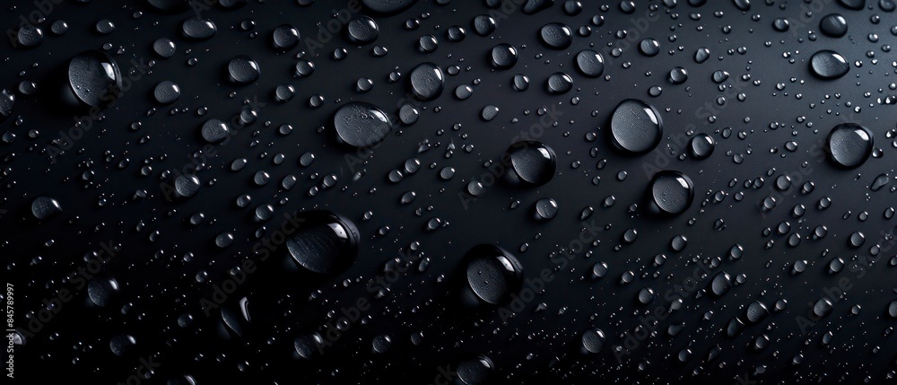 Water droplets shimmer on an all-black, matte background, creating a striking visual contrast Water droplets shimmer on an all-black, matte background, creating a striking visual contrast