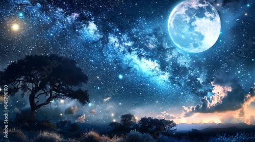A dreamy starry night sky with twinkling constellations and a bright full moon, evoking a sense of wonder and awe