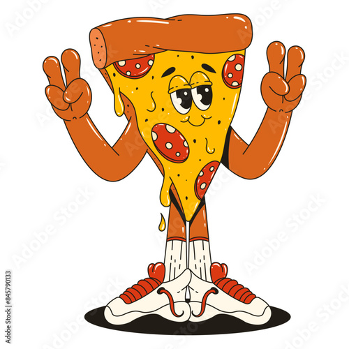 Cool pizza characters in sneakers. Trendy retro groovy style. Maskots for bar, restaurant, cafe.