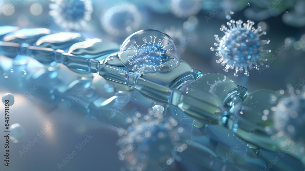 A blue and white image of a virus and a bubble A blue and white image of a virus and a bubble