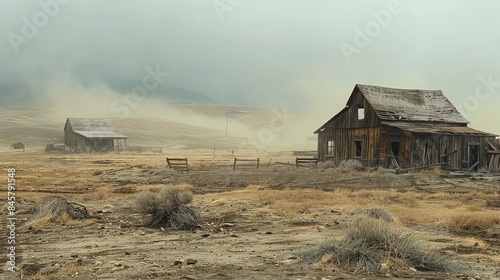 Resilient family in a dust bowl era farmstead, embodying strength amidst the arid desolation
