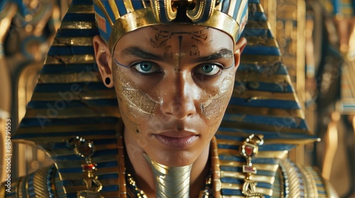 Ancient egyptian pharaoh in gold headdress and kohl lined eyes amid hieroglyphics and nile river photo