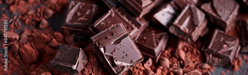 Chocolate pieces are scattered on a pile of chocolate powder, sugar dessert, food background 