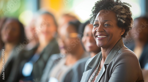 Confident senior businesswoman smiling leadership empowerment workshop, conference motivation audience