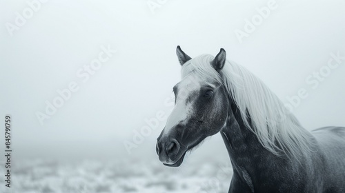 Black white photography majestic grey horse with long white mane standing in snowy field, hoof stallion mammal saddle photo