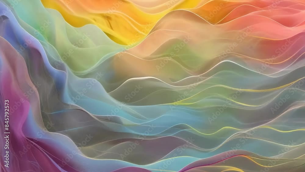 A vibrant display of multiple fabric layers in wave-like patterns ...