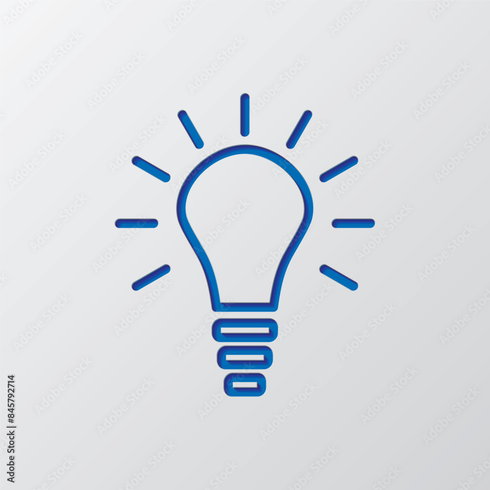 Fototapeta premium Light bulb simple icon. Flat design. Paper cut design. Cutted blue symbol with shadow. Gray background