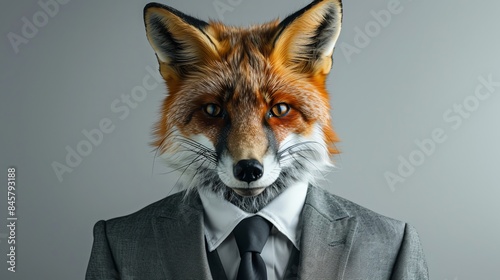 Anthropomorphic fox in a grey suit with a white shirt and black tie against a grey background.