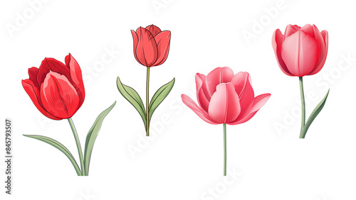 Four red tulips with green leaves on a background.