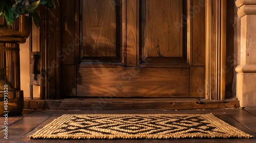 A high-quality coir mat featuring a geometric design placed in front of a wooden door with a brass handle