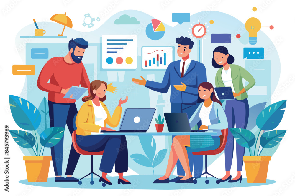 A team of diverse business professionals work together in an office setting, collaborating on a project strategy. A team of diverse business professionals work together in an office setting, collaborating on a project strategy.