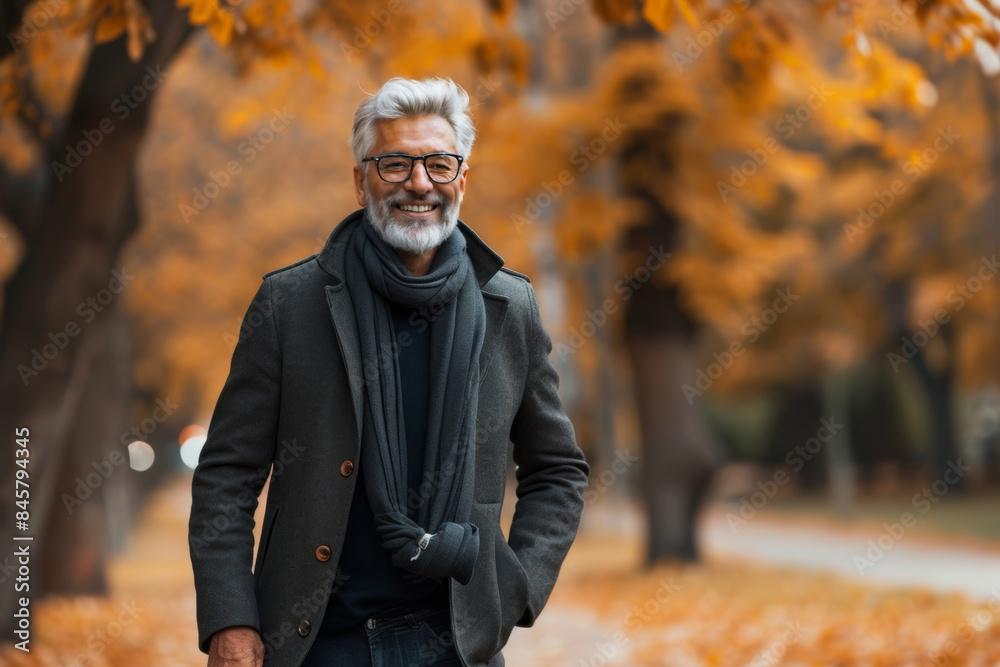 Obraz premium Mature Man Enjoying a Walk in the Park During Autumn