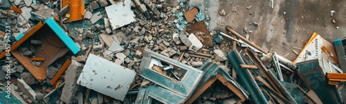 Many pieces of broken glass and broken doors, construction debris in inappropriate places  © kramynina