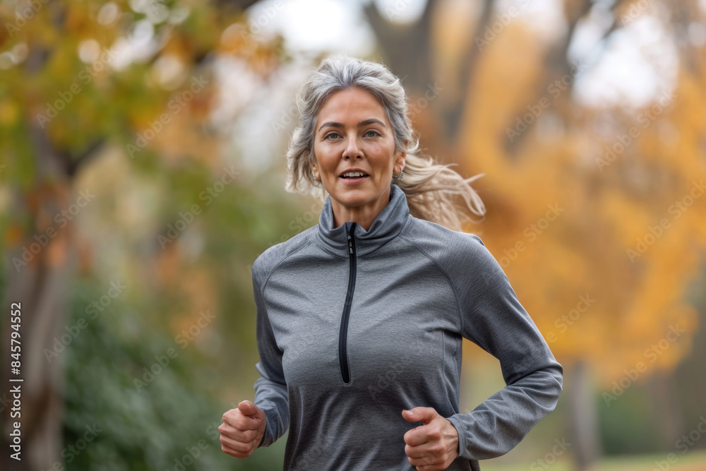 Obraz premium Mature Woman Jogging in Autumn Forest