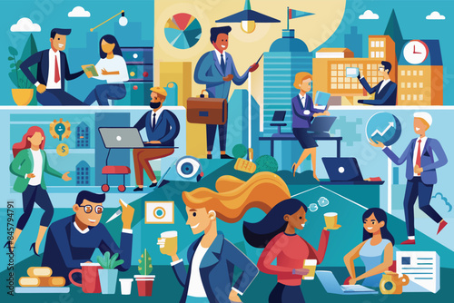 An illustration depicting a diverse group of professionals collaborating in a vibrant office environment.