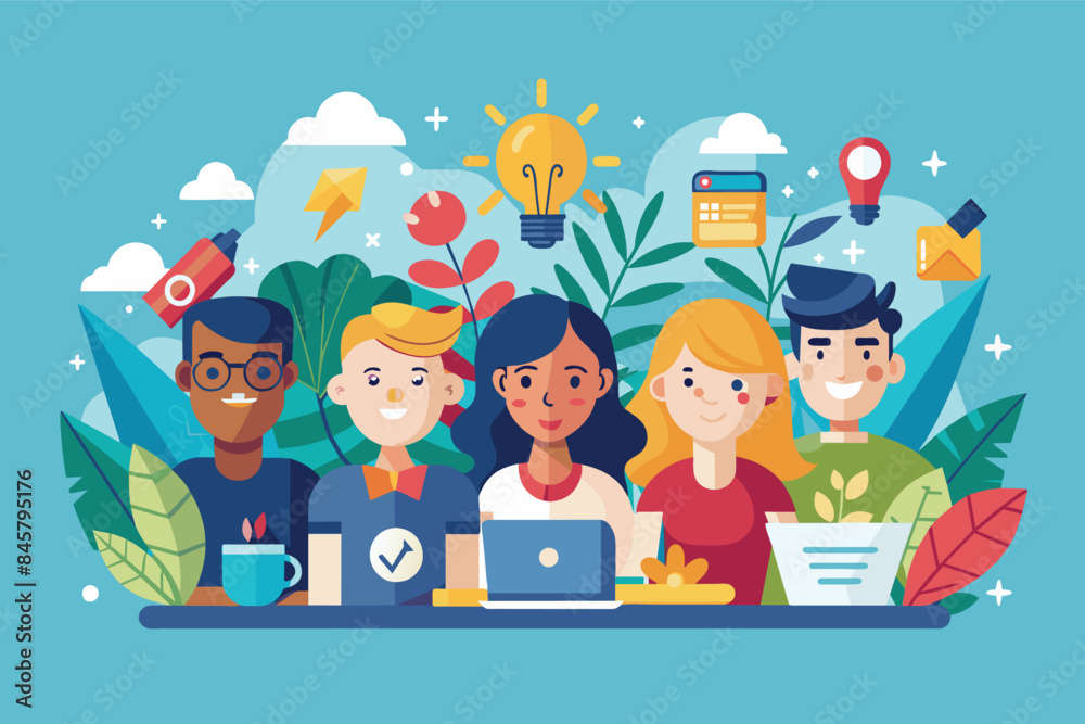 An illustration of a diverse team of four people working together on creative ideas and projects. An illustration of a diverse team of four people working together on creative ideas and projects.
