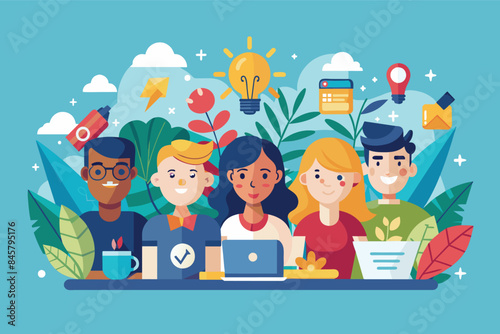 An illustration of a diverse team of four people working together on creative ideas and projects.
