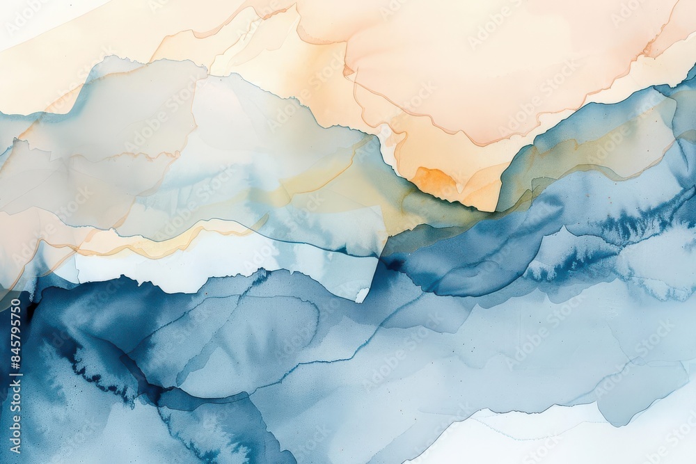 Fototapeta premium abstract ink watercolor flow in pastel beige and blue hues on wet paper texture artistic background