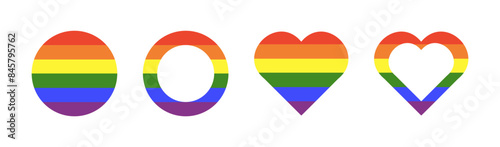 Pride flag. Rainbow gay frames set. Progress Logo symbols. LGBT circle icon. Stickers in rainbow colors. Round, heart badge, button. Template design. Graphic illustration.