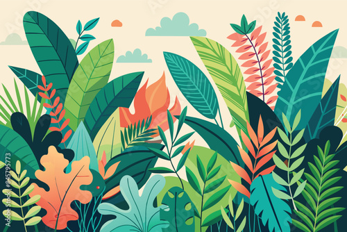 A vibrant illustration featuring a dense collection of tropical rainforest foliage with various green, blue, and orange leaves against a light background.