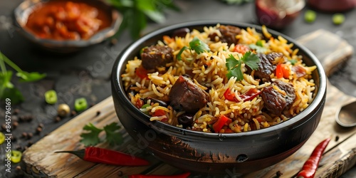 Exploring a Range of Delicious Indian and Sri Lankan Biryani Varieties with Meat and Rice. Concept Indian Biryani, Sri Lankan Biryani, Meat Dishes, Rice Varieties, Culinary Exploration photo